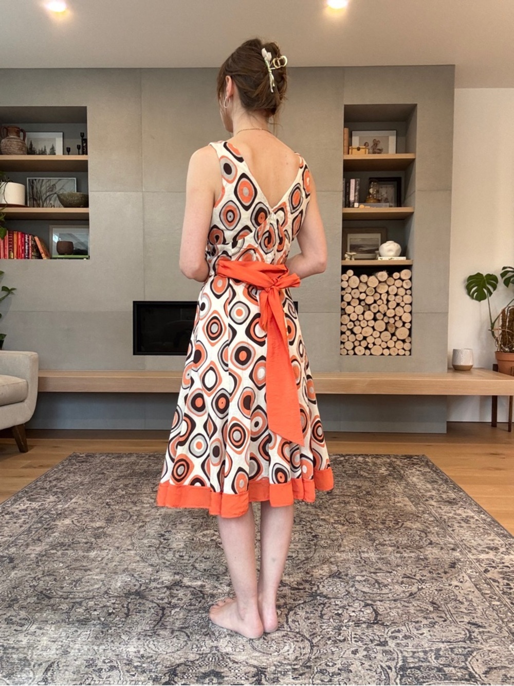Vintage cotton and silk Retro Geo Print Orange sleeveless Dress - Picture 7 of 17